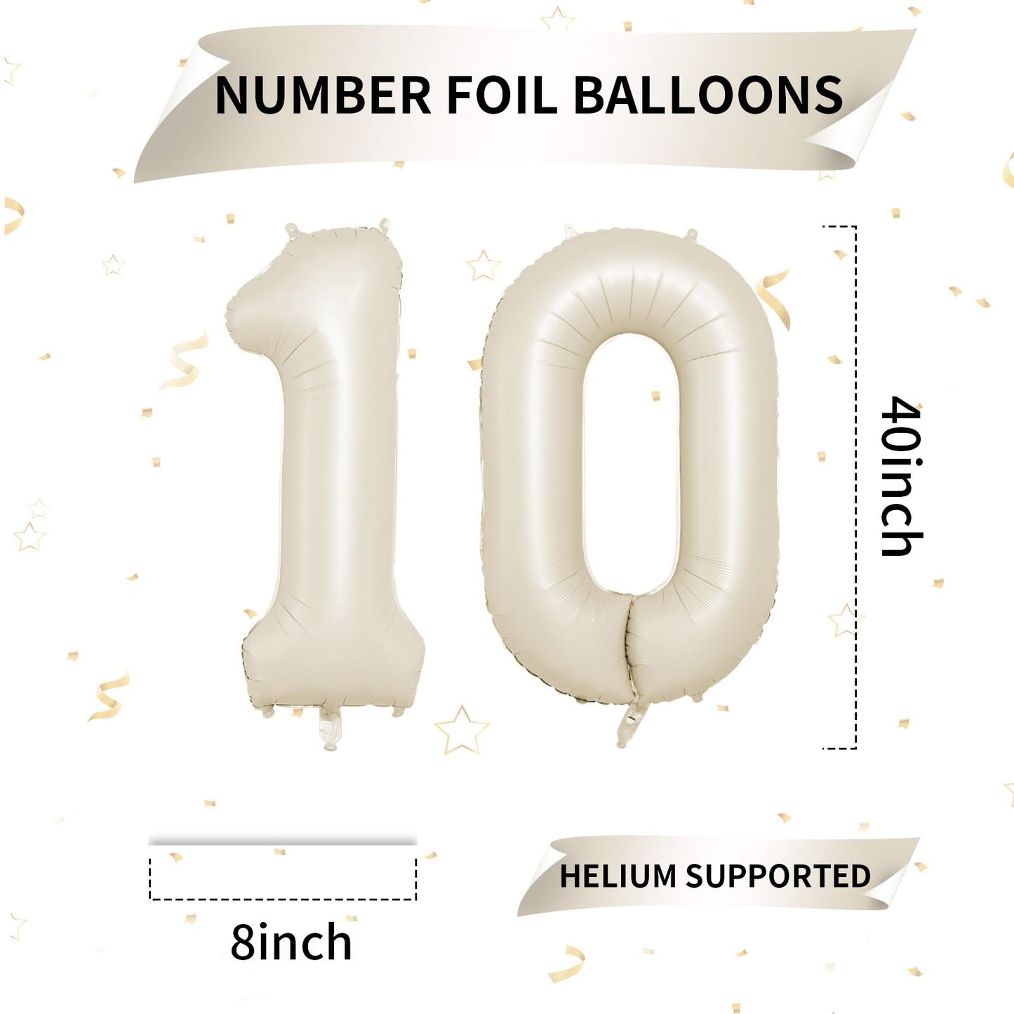 40 Inch Cream Number 10 Balloon, Beige Large 10Th Birthday Balloons, Digital 10 Cream White Giant 10 Foil Balloon For Boys Girls