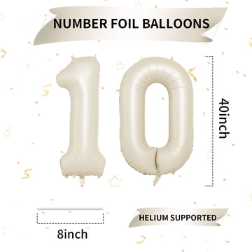 40 Inch Cream Number 10 Balloon, Beige Large 10Th Birthday Balloons, Digital 10 Cream White Giant 10 Foil Balloon For Boys Girls