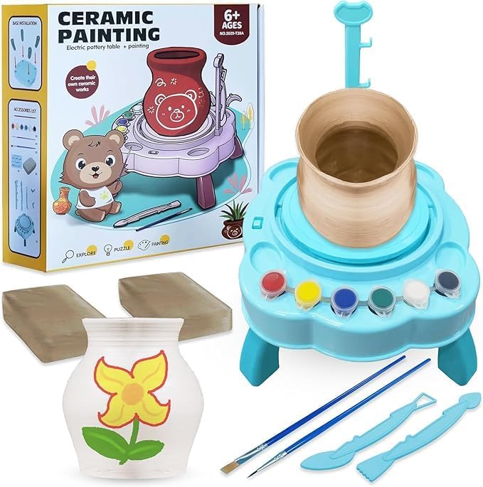Toycills Pottery Wheel For Kids, Electric Clay Wheel Adjustable Speed, Painting Kit With 2 Dry Clays, Creative Arts & Crafts Toy