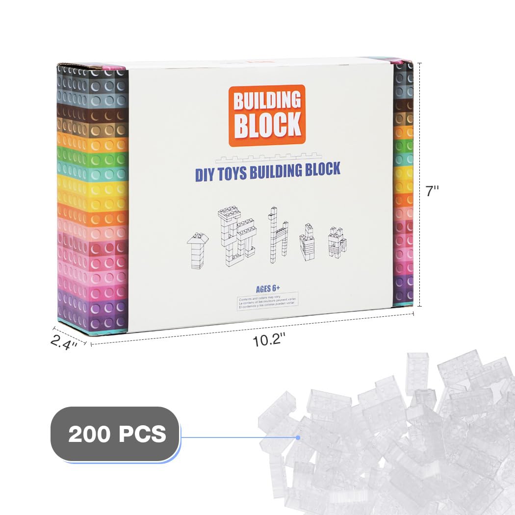 Unirolic Classic Building Bricks, 200 Piece 2X4 Building Blocks Stem Creative Building Toys Compatible With All Major Brands, Moc Building Bricks Diy Play Set For Kids Age 6+ (Transparent White)