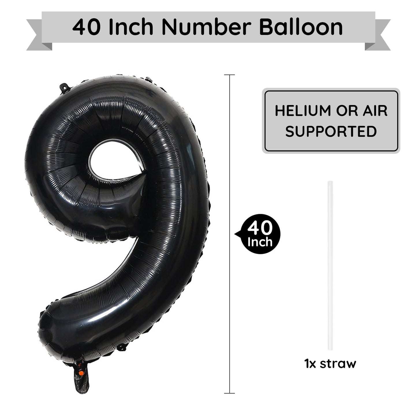 Paticool 40 Inch Black Number Balloon 9, Large Number Foil Balloons Mylar For Girl Boy Birthday Party Celebration Decorations Su