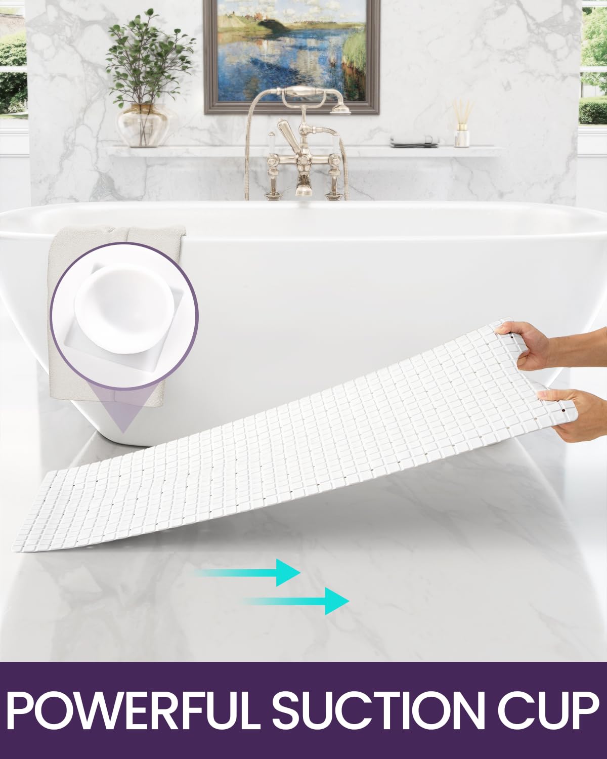 Dexi Bath Tub Shower Mat Non-Slip 16 X 39 Extra Long Bathtub Mats, Suction Cups, Drain Holes, Machine Washable Bathroom Mat, Whi