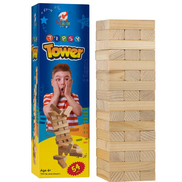 Fun4You Wooden Tumbling Tower Family Game- 54 Wooden Building Block | Classic Stacking Family Fun Game | Portable Design & Enter