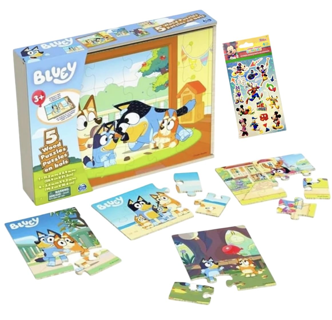 Spin Master Bluey 5 Wood Puzzles with Storage Box & Stickers Bundle - Ages 3+, Cardboard, Blue/Red/Green, Model 6066406
