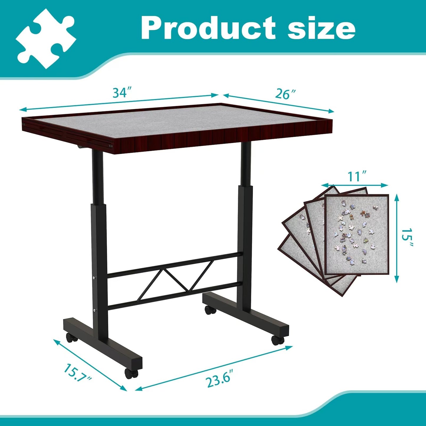 RAGOZONERY Jigsaw Puzzle Table, Adjustable Height, 1500 Pieces, Wood, 34x26in, Coffee Color, with Cover and 4 Drawers
