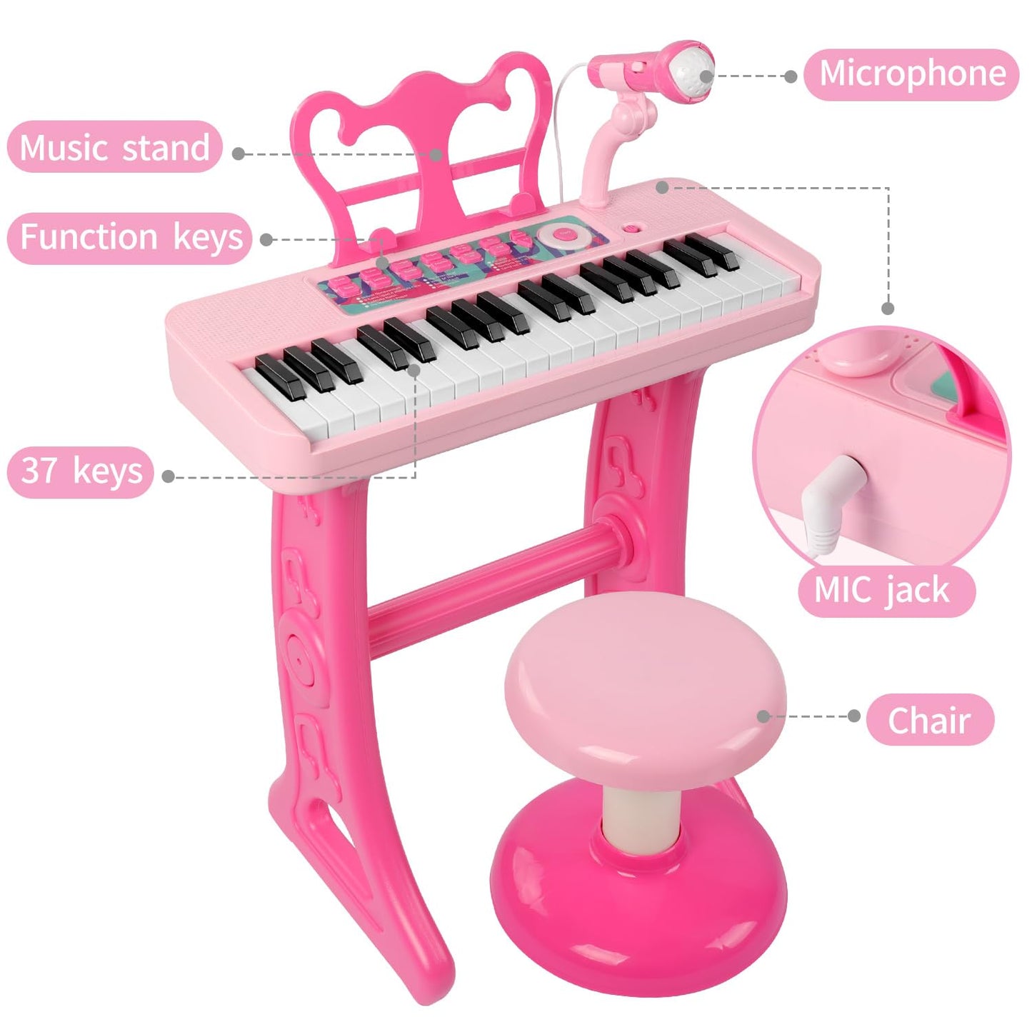 37 Keys Piano Keyboard Toy for Kids | Toys for 3-5 Year Old Girls Birthday Gift | Pink Musical Piano Toy for Toddlers with Micro