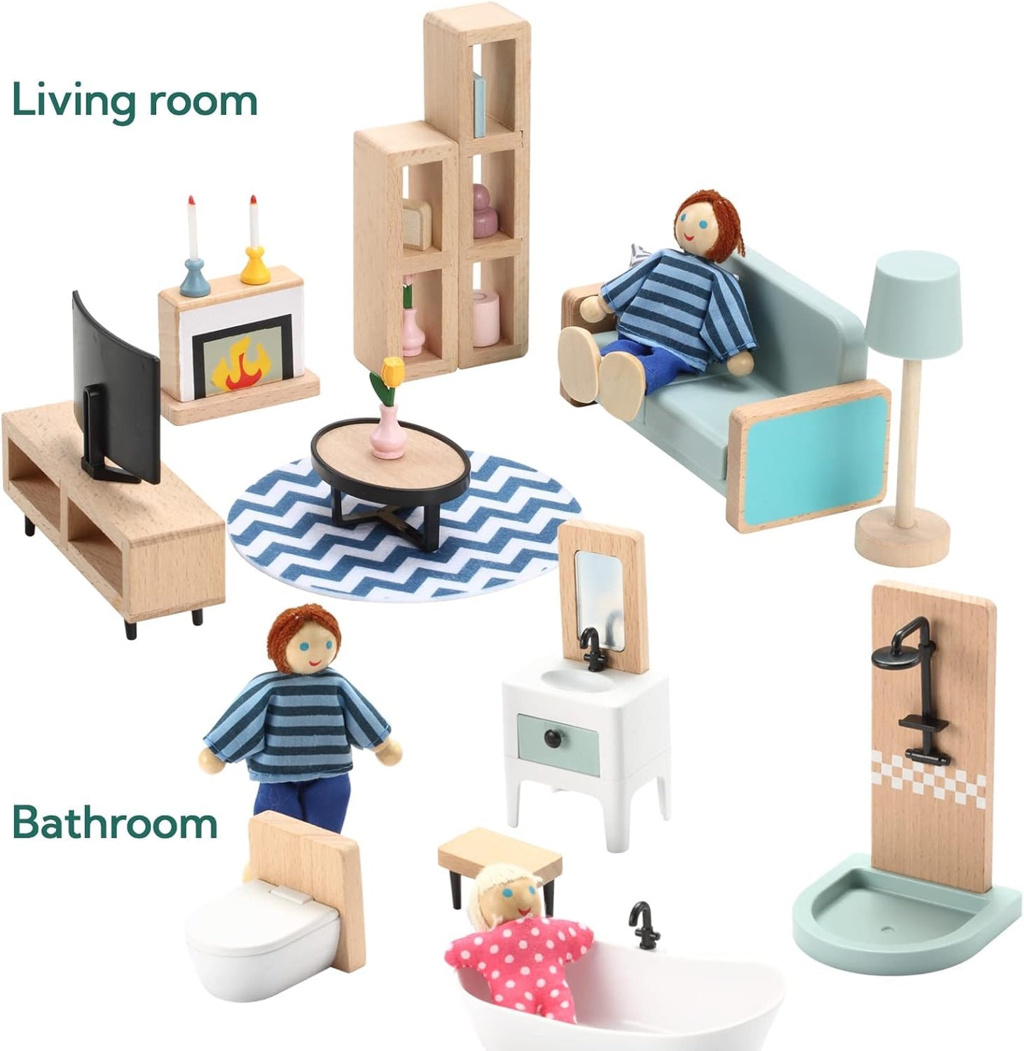 Giant Bean Wooden Dollhouse Furniture Set, 36pcs with 4 Family Dolls, Small Pretend Play Toys for Boys & Girls 3Y+