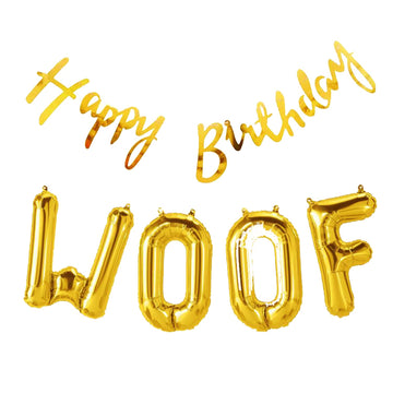 Propsicle Dog Happy Birthday Golden Cursive Banner And Woof Foil Letter Balloon Puppy Birthday Theme Balloon Decoration Party Ba
