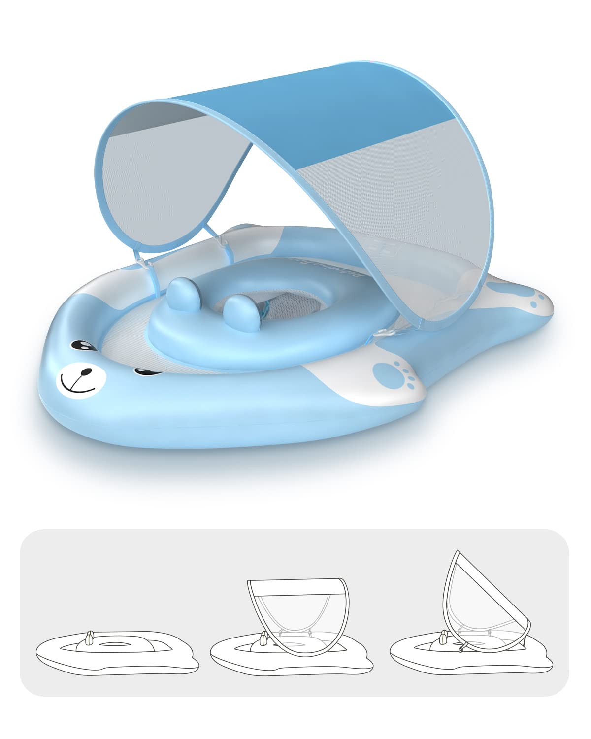 Relaxing Baby - Double Float with Adjustable Safety Seat,Canopy UPF 50+ Sun Removable,Inflatable Animal Style Float,Swimming Flo
