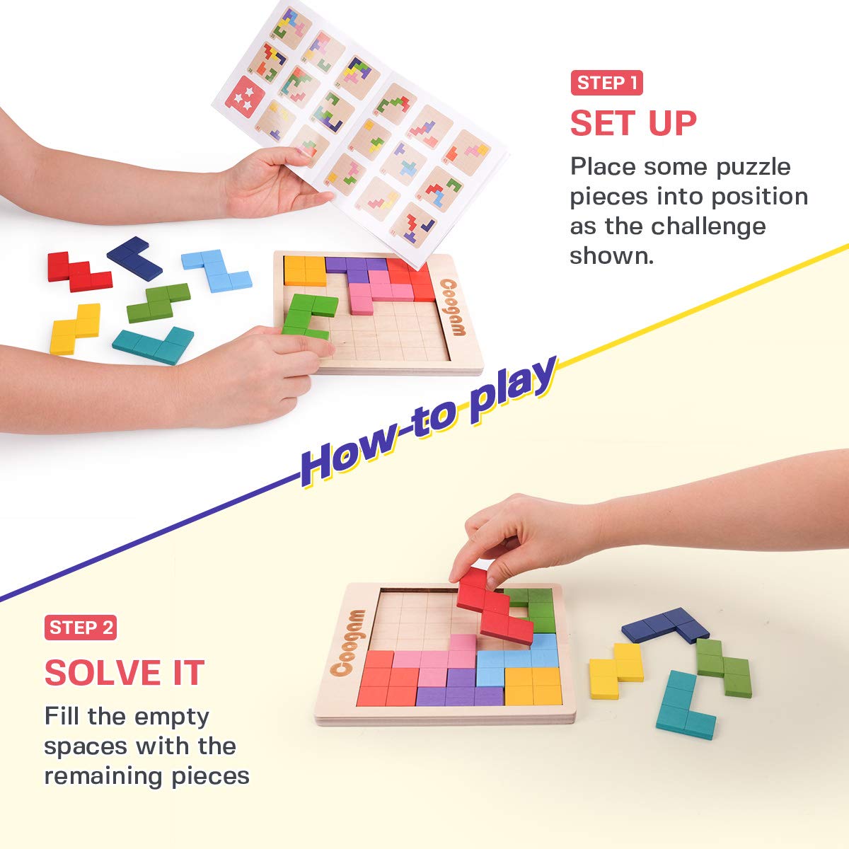 Coogam Wooden Puzzle Pattern Blocks - 3D Brain Teasers, 60 Challenges, Basswood Tangram Jigsaw for Kids & Adults
