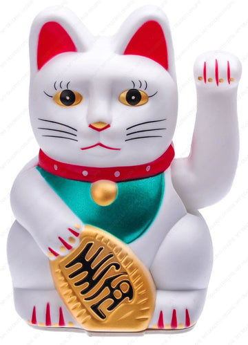 Battery Operated Feng Shui Lucky Cat Gold With Waving Arm, 5-Inches (High), White
