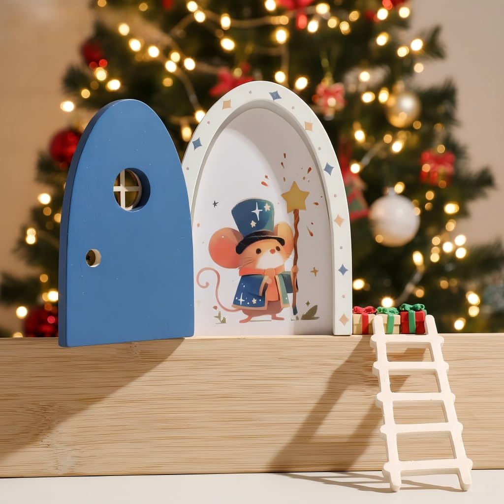 Wooden Magical Fairy Doors - Openable Tooth Elf Door with Mouse Elf & Ladder, Tiny House Doors for Kids Imaginative Play, Handma