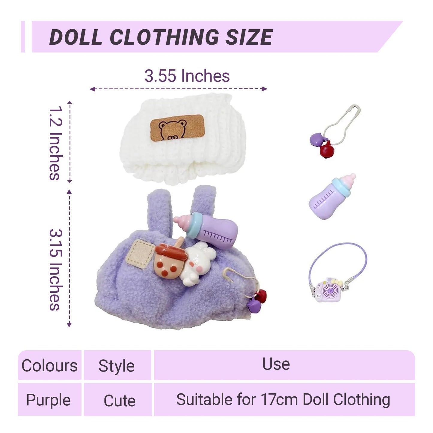 Clothes for 17cm Dolls(NO Doll)  Stylish Kawaii Purple Outfit Set with Hat Romper & Camera Backpack Accessories Suit  Cute Clothes for Dress Up Unique Style