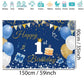1st Birthday Decorations Happy 1st Birthday Backdrop Party Banner for Boys/Girls Happy 1 Year Old Fabric Sign Poster, Blue Photo