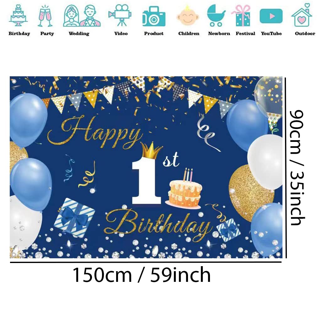 1st Birthday Decorations Happy 1st Birthday Backdrop Party Banner for Boys/Girls Happy 1 Year Old Fabric Sign Poster, Blue Photo