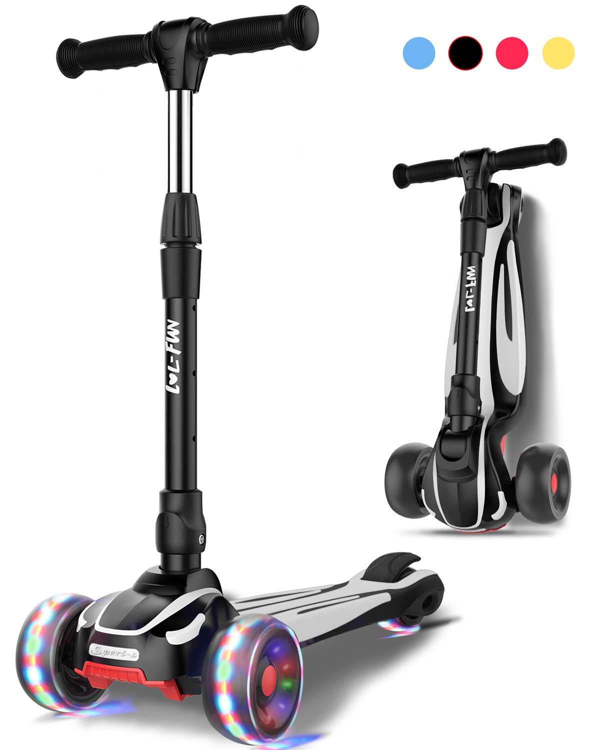 Lol-Fun Scooter For Kids Ages 3-5 Years Old Boy Girl With 3 Wheels, Extra-Wide Children Foldable Kick Scooter Kids Ages 6-12 Toddler With 4 Adjustable Height And Lean-To-Steer - Black