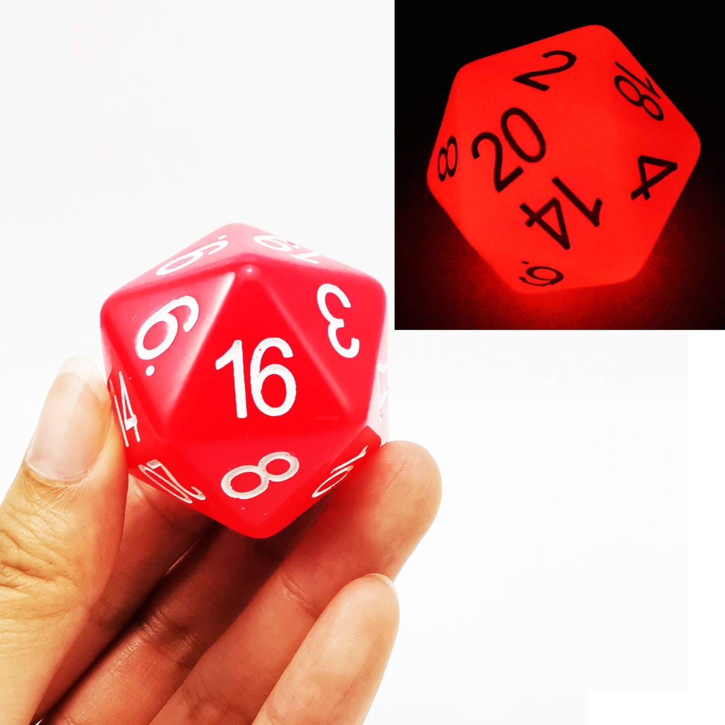 Bescon Jumbo Glowing D20 38MM, Big Size 20 Sides Dice Red Glow in Dark, Big 20 Faces Cube 1.5 inch