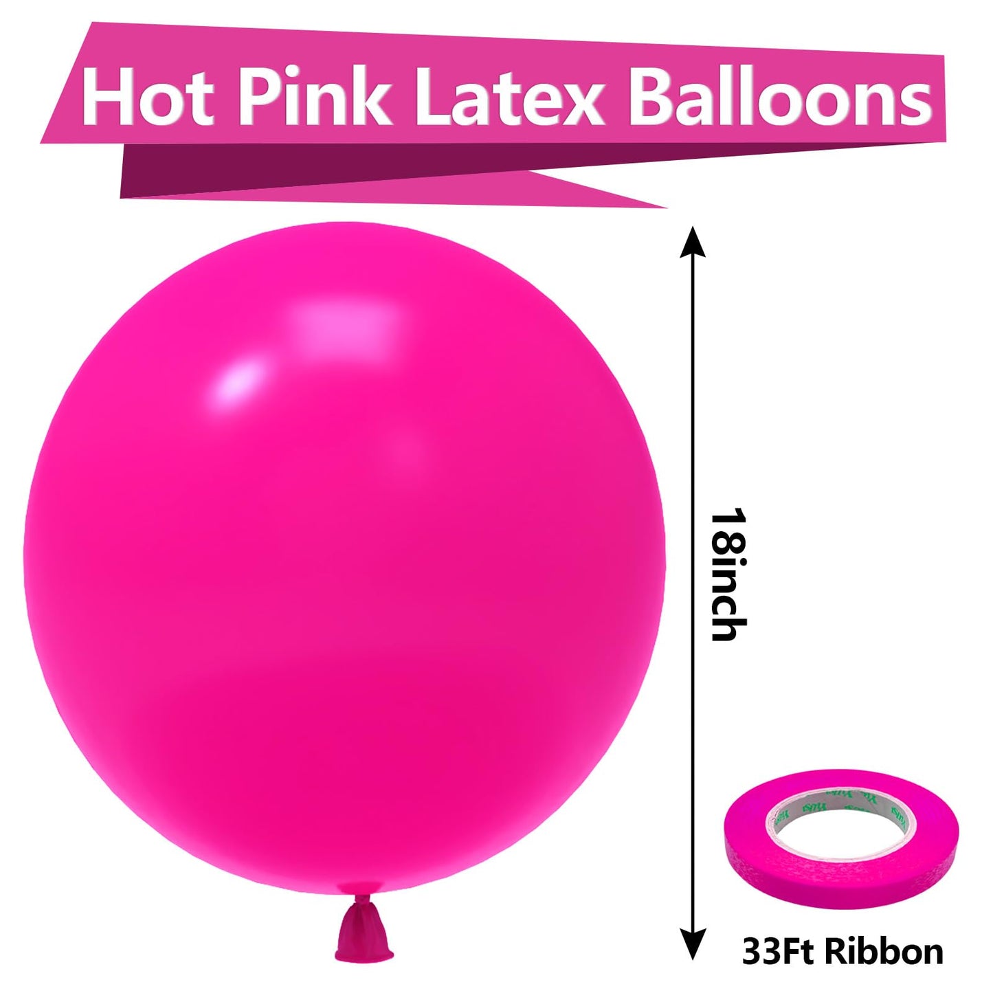 Bezente Hot Pink Balloons 18 Inch - 30 Pack Large Thick Pink Balloons Big Round Hot Pink Latex Balloons For Wedding Baby Shower