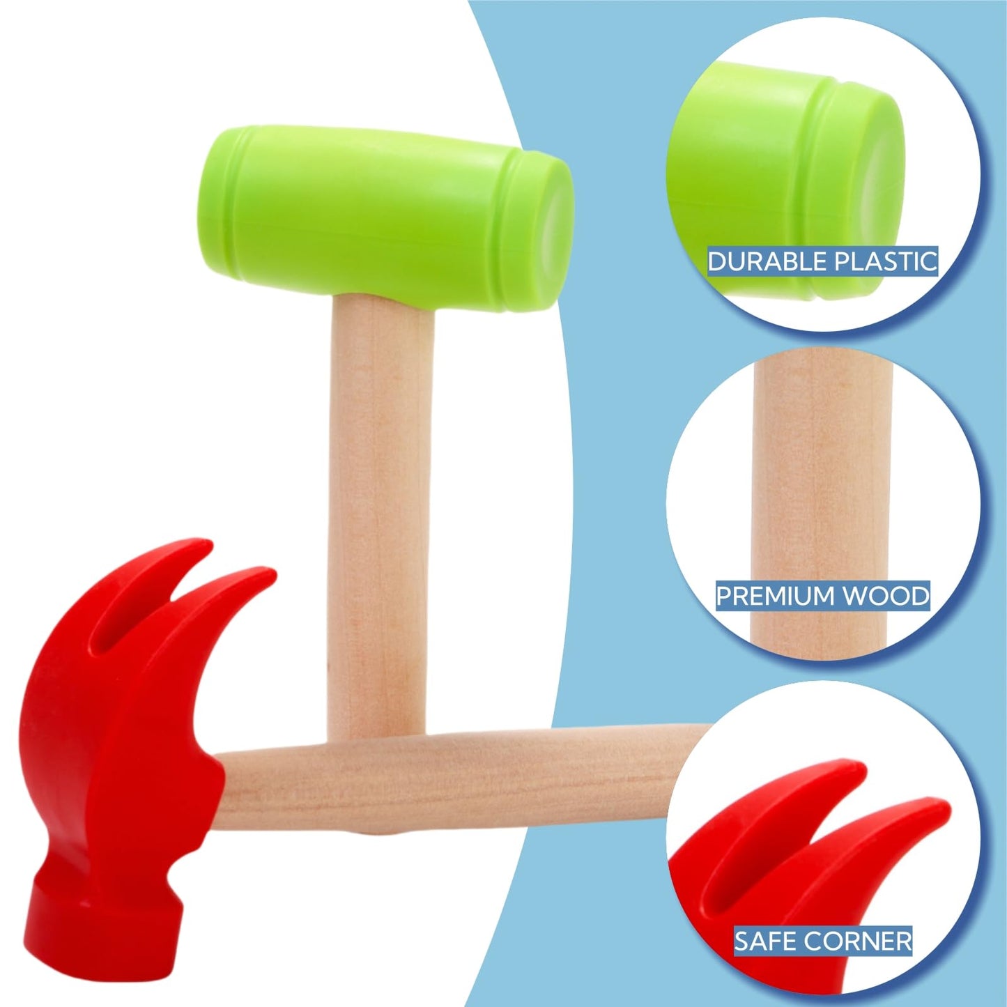 Nagpew Kids Hammer Toy Set - 10 Pack Wooden Simulation Tools, 6.3" Red & 5.7" Green, Educational Pretend Play for Boys & Girls