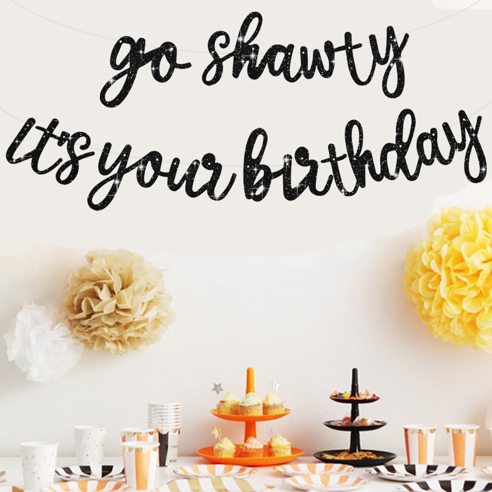 Beishida Black Go Shawty It'S Your Birthday Banner - No Diy - Hip Hop Theme Glitter Happy Birthday Banner - Pre-Strung - Black R