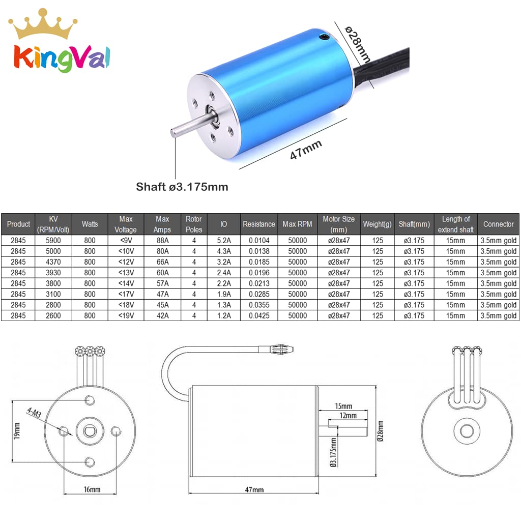 KingVal Replacement 2845 2600KV Brushless Sensorless Motor Shaft 3.175mm Compatible with 1/12 /1/14 RC Car