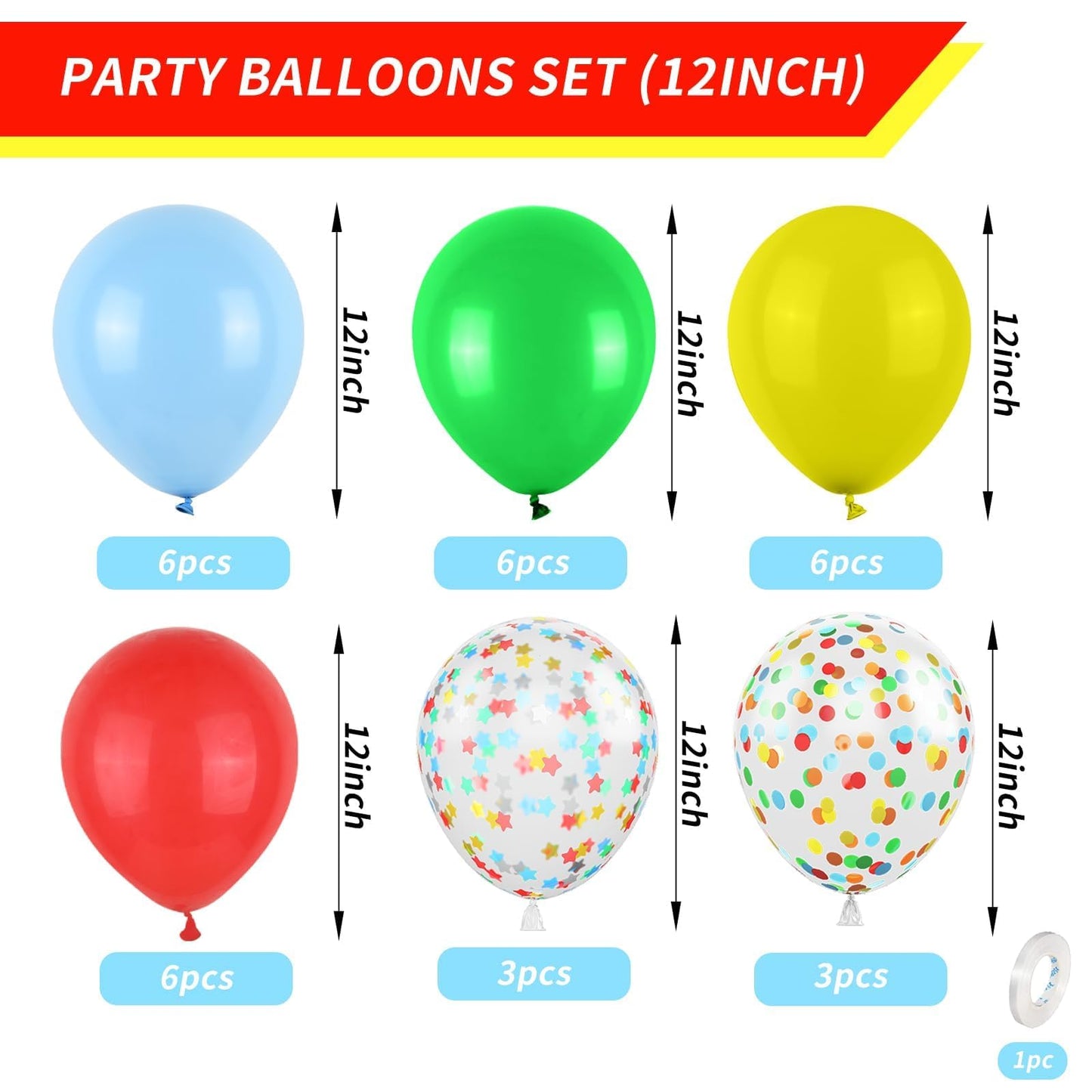 Red Yellow Blue Balloons, Rainbow Assorted Latex Balloons, 12Inch Matte Blue Yellow Red Green Latex Balloons Colourful Confetti