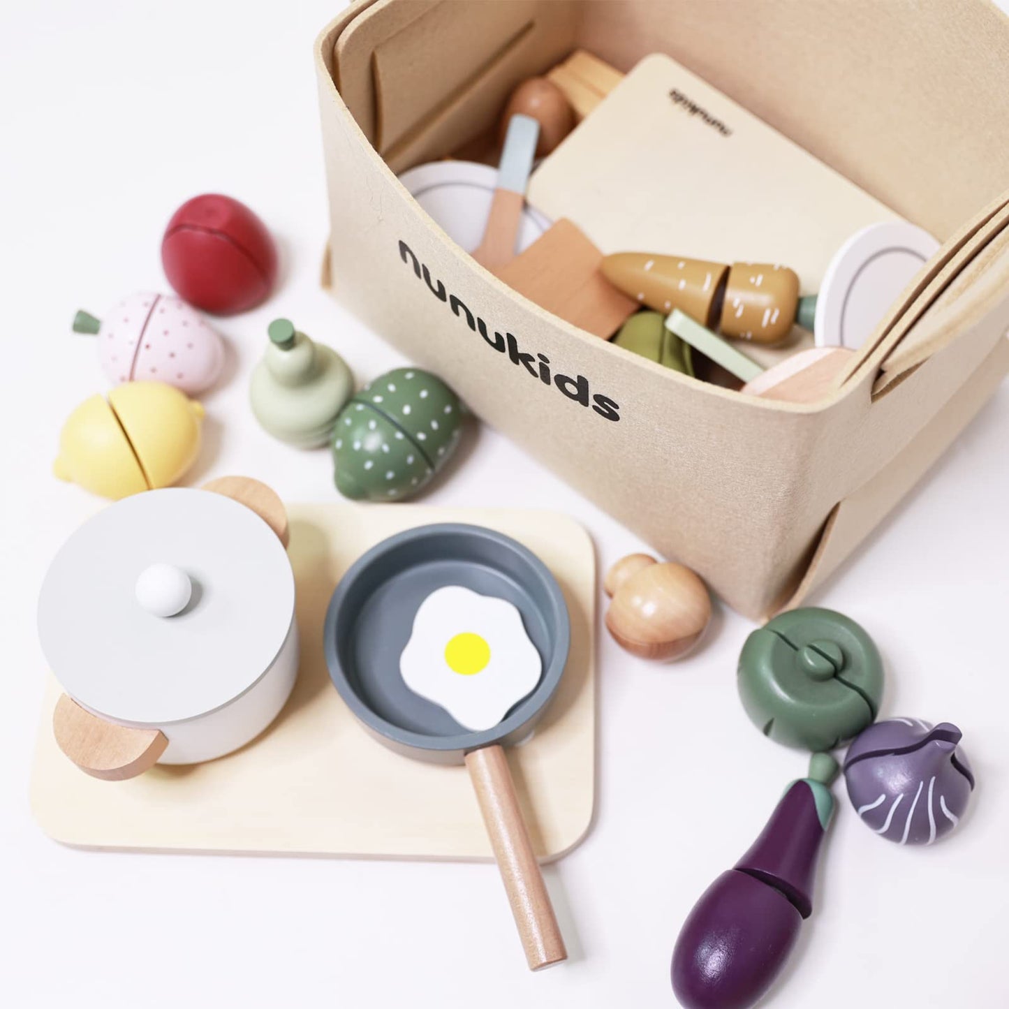 Nunukids Wooden Play Food Sets For Kids Kitchen 42 Pc Wooden Toys With Storage Basket Wood Pretend Food Play Kitchen Accessories