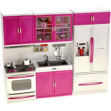 PowerTRC Doll Kitchen Play Set, Mini Modern Toy Kitchen Pretend Play Furnitures Toy Set Accessories Set with Realistic Light & S