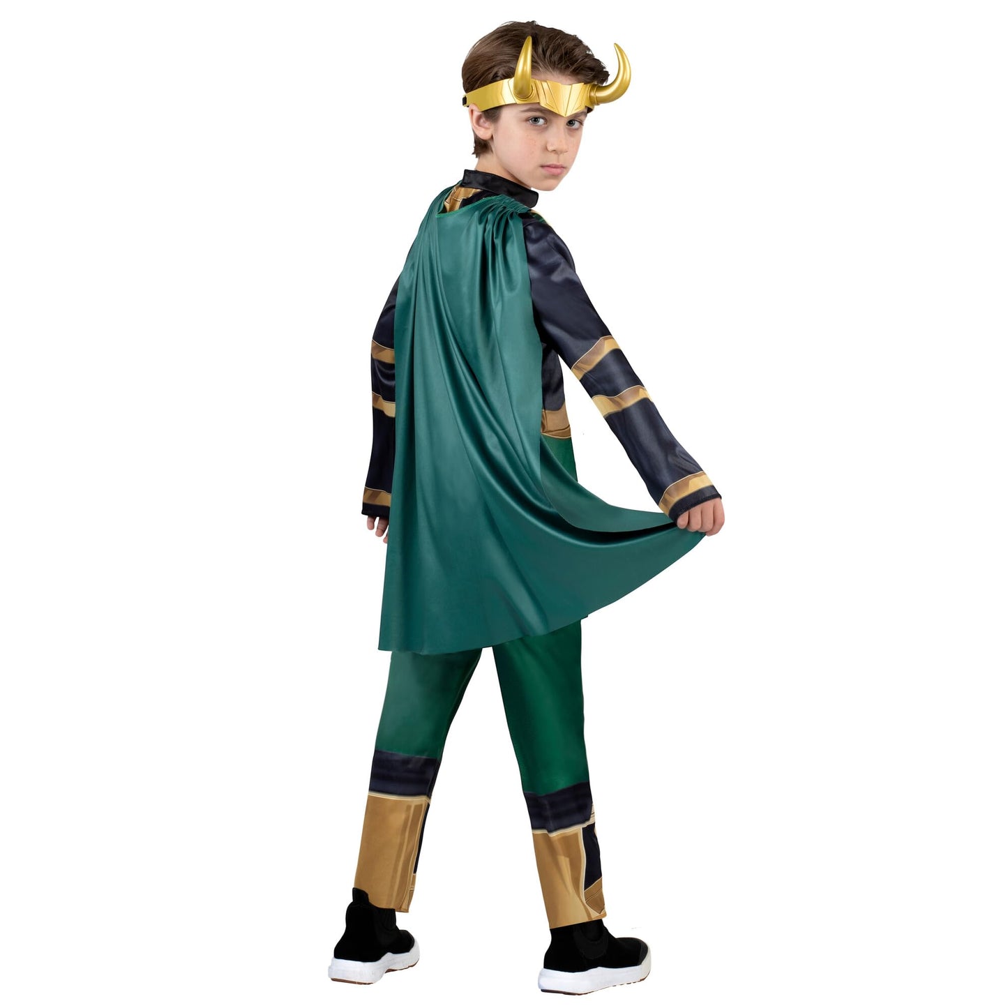 Marvel Loki Official Youth Halloween Costume - Padded Jumpsuit With Detachable Cape And Plastic Headpiece (S) Multi