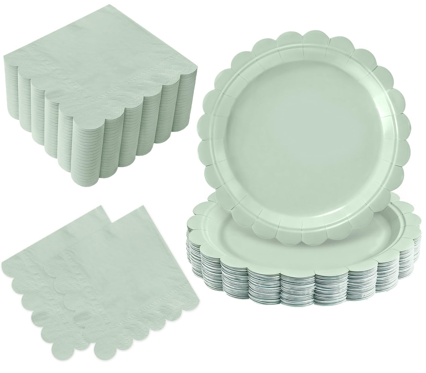 Oigco 50 Pcs Sage Green Plates and Napkins - Disposable Sage Green Scalloped Paper Plates & Napkins for Wedding Bridal Shower Bi
