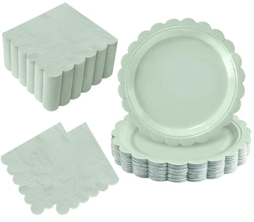 Oigco 50 Pcs Sage Green Plates and Napkins - Disposable Sage Green Scalloped Paper Plates & Napkins for Wedding Bridal Shower Bi
