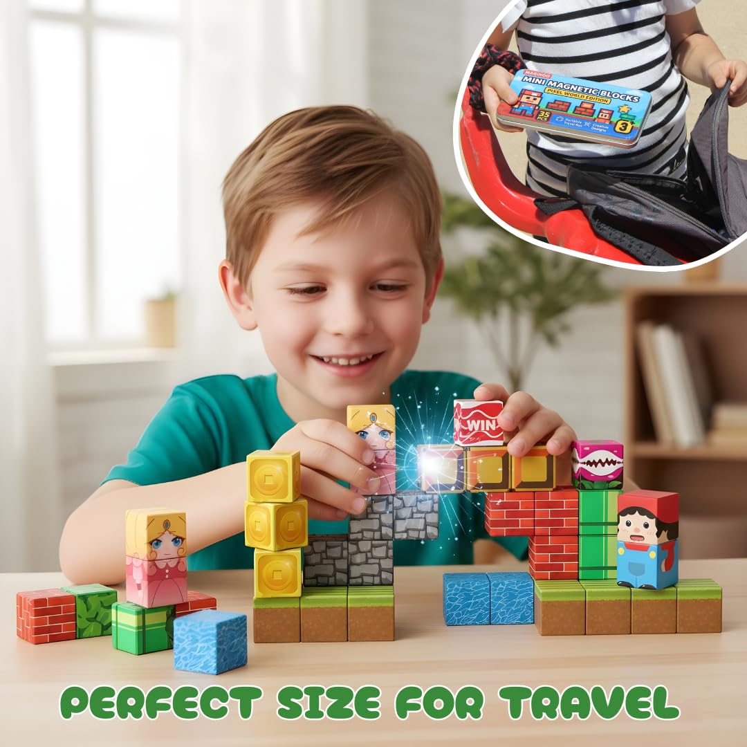 35PCS Pixel World Edition Mini Magnetic Blocks - Creative 3D Building Cubes, STEM Educational Travel Magnet Toy with Iron Box, S