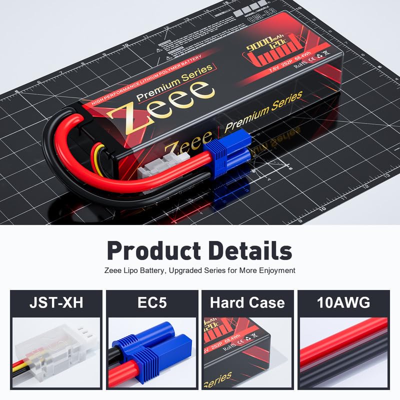 Zeee Premium Series 2S Lipo Battery 9000mAh 7.6V HV-Lipo 120C Hard Case Battery with EC5 Connector High Voltage Battery for RC 1