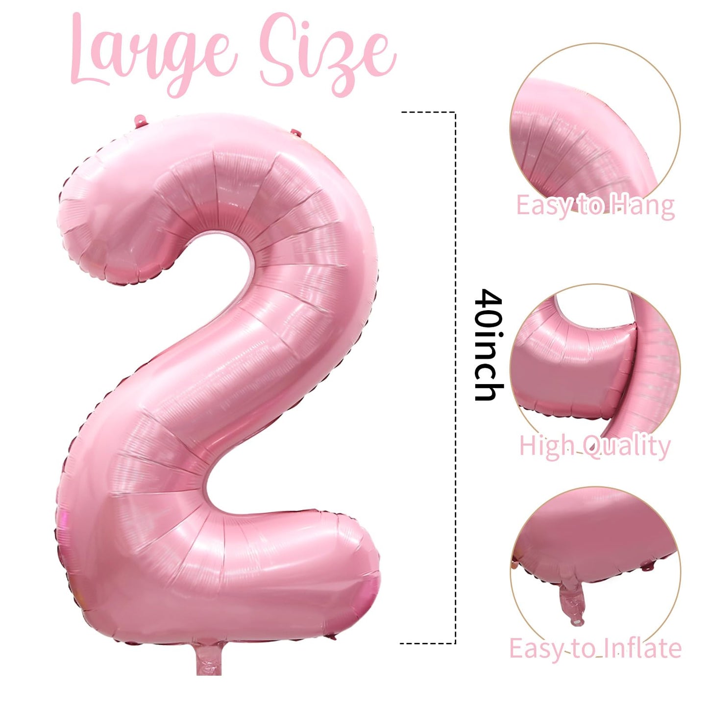 40 Inch Pink Number 2 Balloons, Large 2 Balloon Number Pink Foil Number Balloons, Light Pink 2nd Mylar Birthday Balloons for Gir