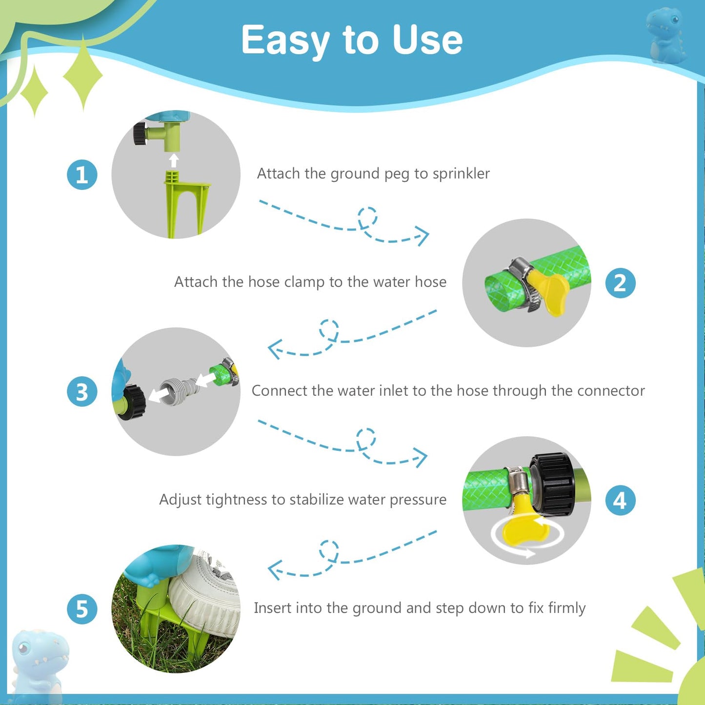 Moko Water Sprinkler For Kids, Dinosaur Toddler Outdoor Toys With 4 Wiggle Tubes And Hose Clamp, Outdoor Play Toys Spray Up To 8