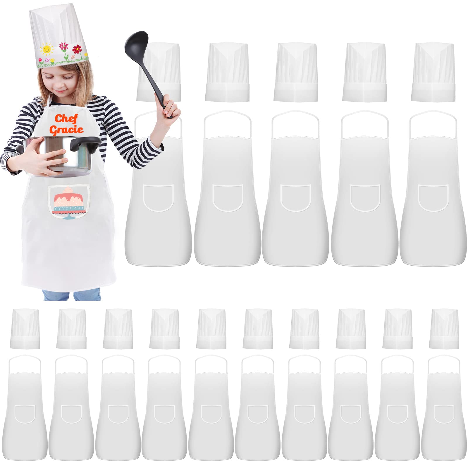 Ecoofor 30 Pieces kids chef hat and apron Ages 5-12 Personalized Kids Apron with Pocket Children Chef Apron and Hats for Boys Gi