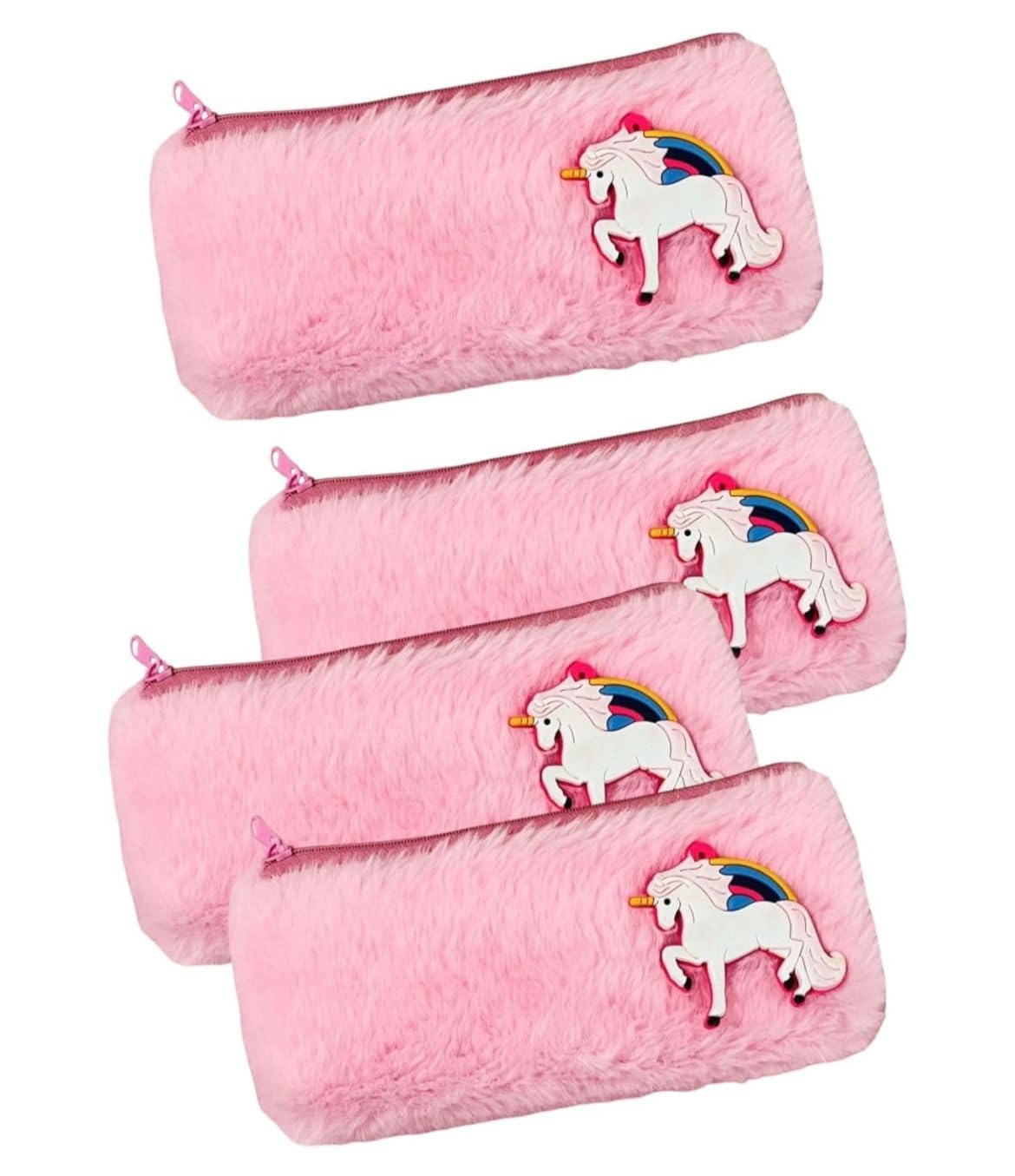 Le Delite 4 Piece Unicorn Soft Furry Fur Pencil Storage Case Pouch | Kids School Supply Organizer Students Stationery Pouch For 