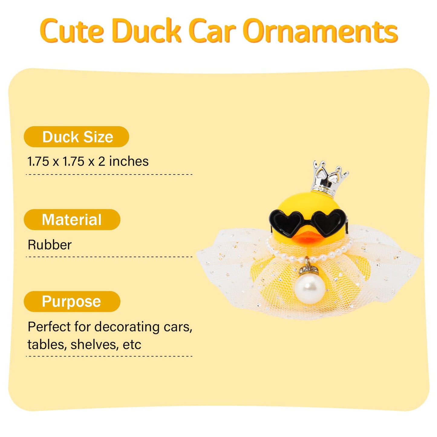 wonuu Rubber Duck Car Dashboard Decoration  Duck Car Ornament Cute Car Accessories with Mini Crown Dress Pearl Necklace Glasses  White Starry Skirt