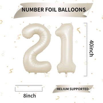 Biapian 40 Inch Cream Number 21 Balloon, 21St Birthday Balloons, Big Digital 21 Or 12 Beige White Giant 21 Foil Balloon Helium F