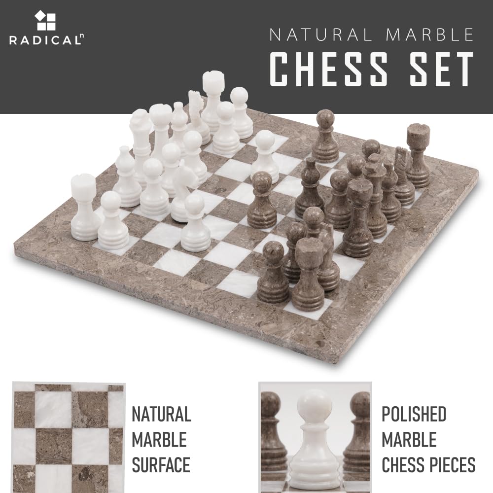 Radicaln Marble Chess Set - 15" Grey Oceanic & White Handmade Board Game for Adults - 32 Pieces Included
