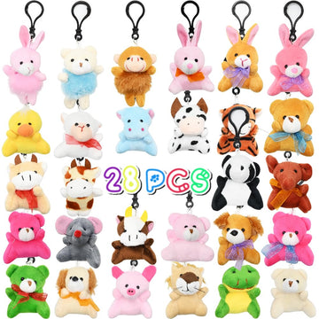 Lukbera 28Packs Plush Animals Keychain Set, Cute Mini Stuffed Animals Keychain Toys Heart Shape Cards For Kids Easter Egg Hunt E