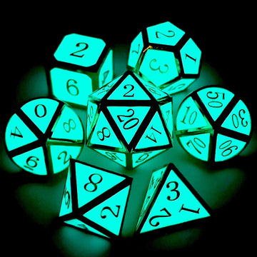 Haxtec Glow in The Dark Glowing Blue Metal Dice Set D&D W/Dragon Dice Bag 7PCS DND Dice Set for Dungeons and Dragons RPG Games-G