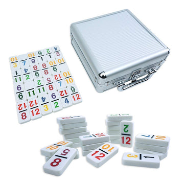Pureplay Mexican Train Dominoes Set With Numbers - Double 12 Colored Number Dominoes - Includes 91 Tiles With 9 Trains, Plastic Pieces And Aluminum Case For 2-8 Players Ages 8+