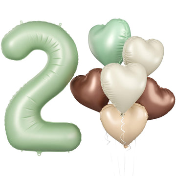 Biapian 40 Inch Sage Green Number 2 Balloons, Large 2Nd Birthday Balloons With 18'' Foil Cream Brown Heart Balloon For 2Nd Year