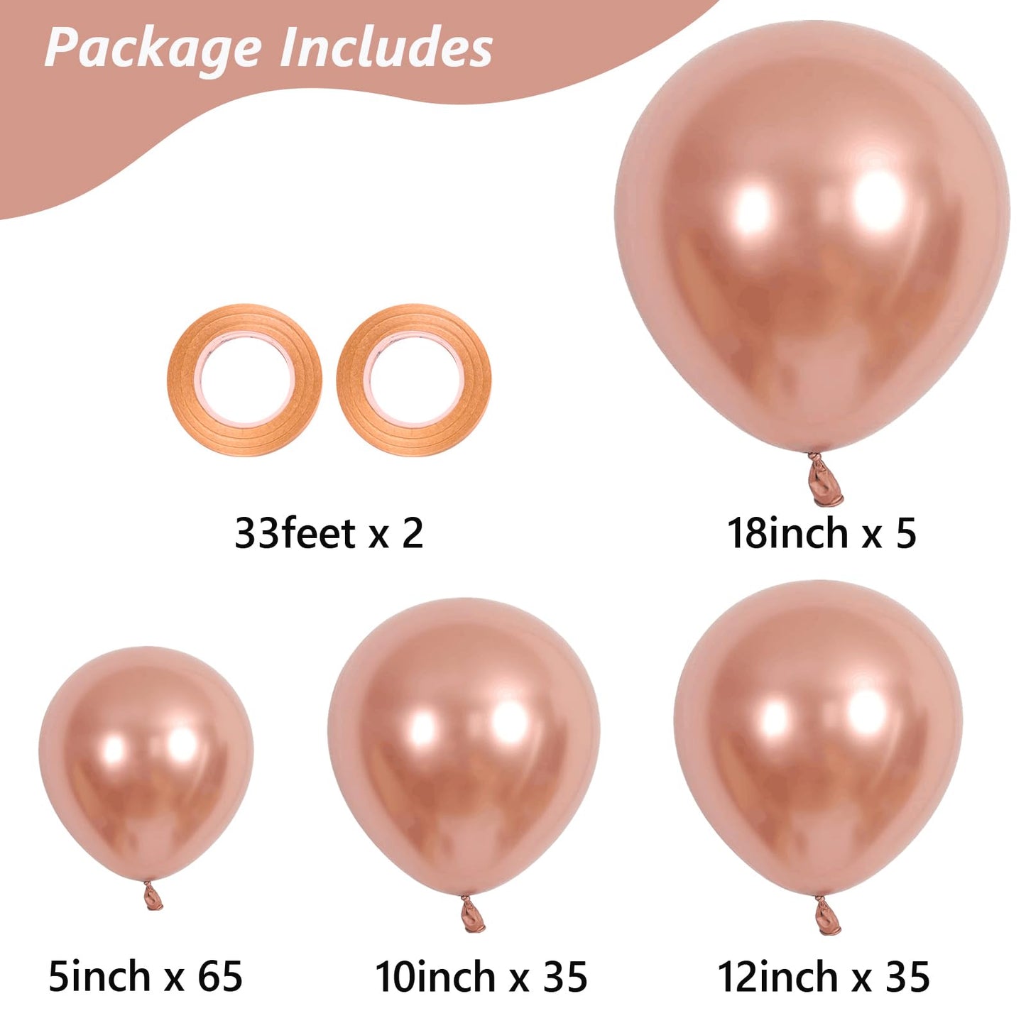 Rose Gold Balloons, 140Pcs Metallic Rose Gold Balloons 18 12 10 5 Inch Different Sizes Pack Party Latex Balloons For Birthday Ha