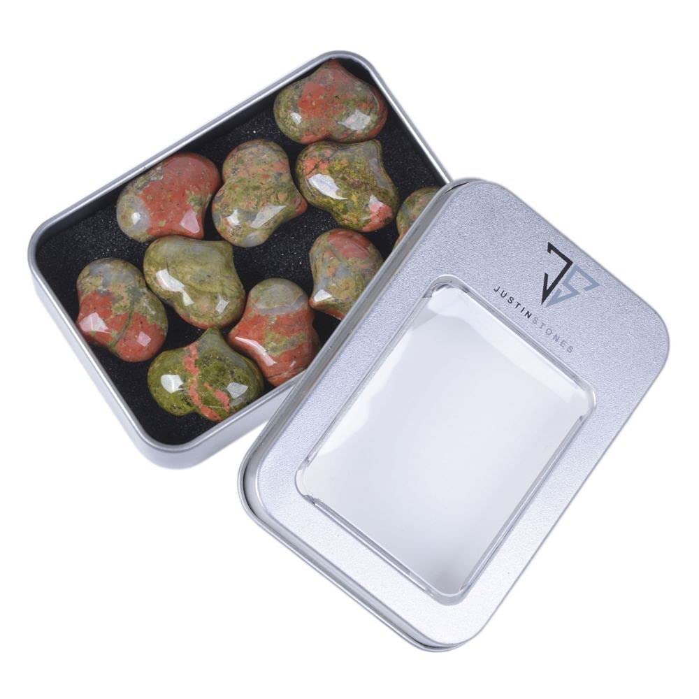 Justinstones Natural Unakite Gemstone Healing Crystal 1 Inch Mini Puffy Heart Pocket Stone Iron Gift Box (Pack Of 10)