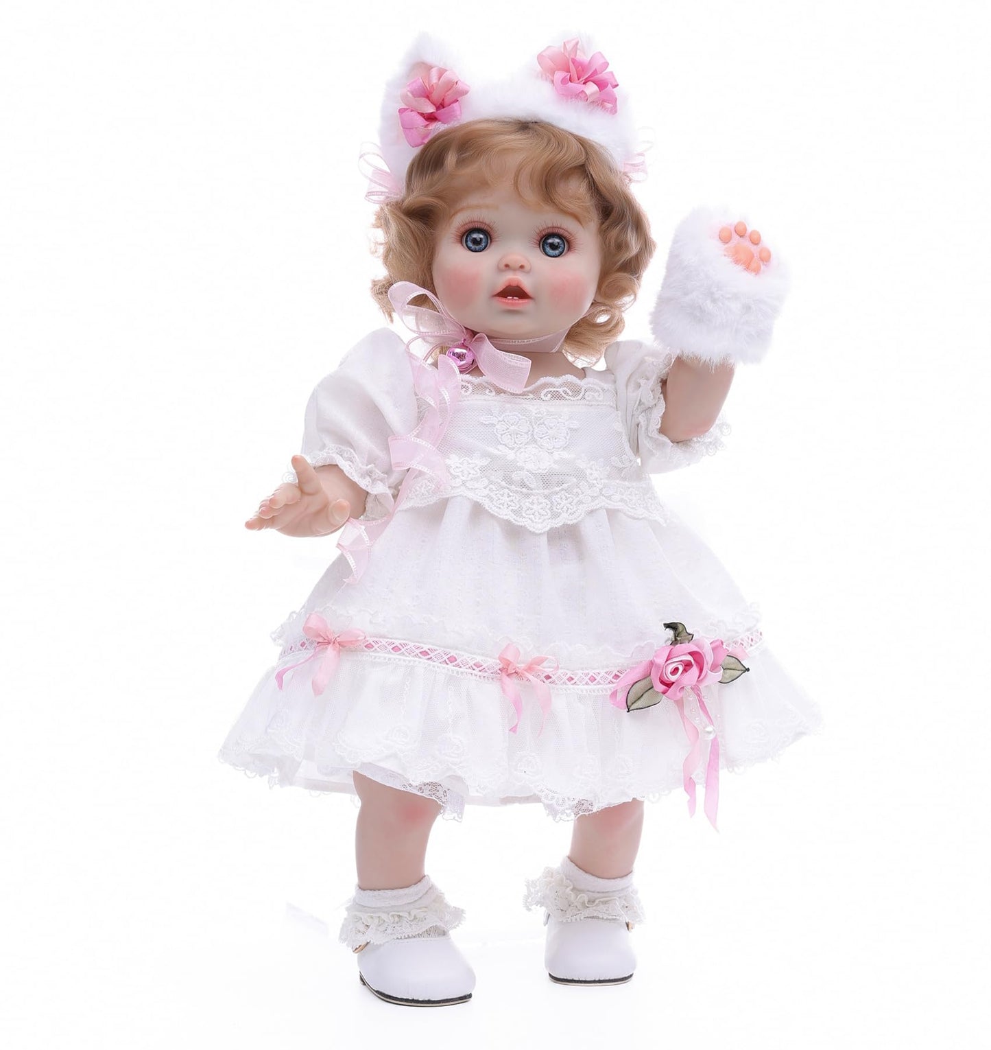 Cloveray Baby Doll  18 Inch Realistic Reborn Toddler Real Life Baby Dolls with White Lace Dress  Magnetic Cat Nose  Fluffy Paw Mitten & Tail  enhanced Collectible Gift for 3+ Year Old Girls