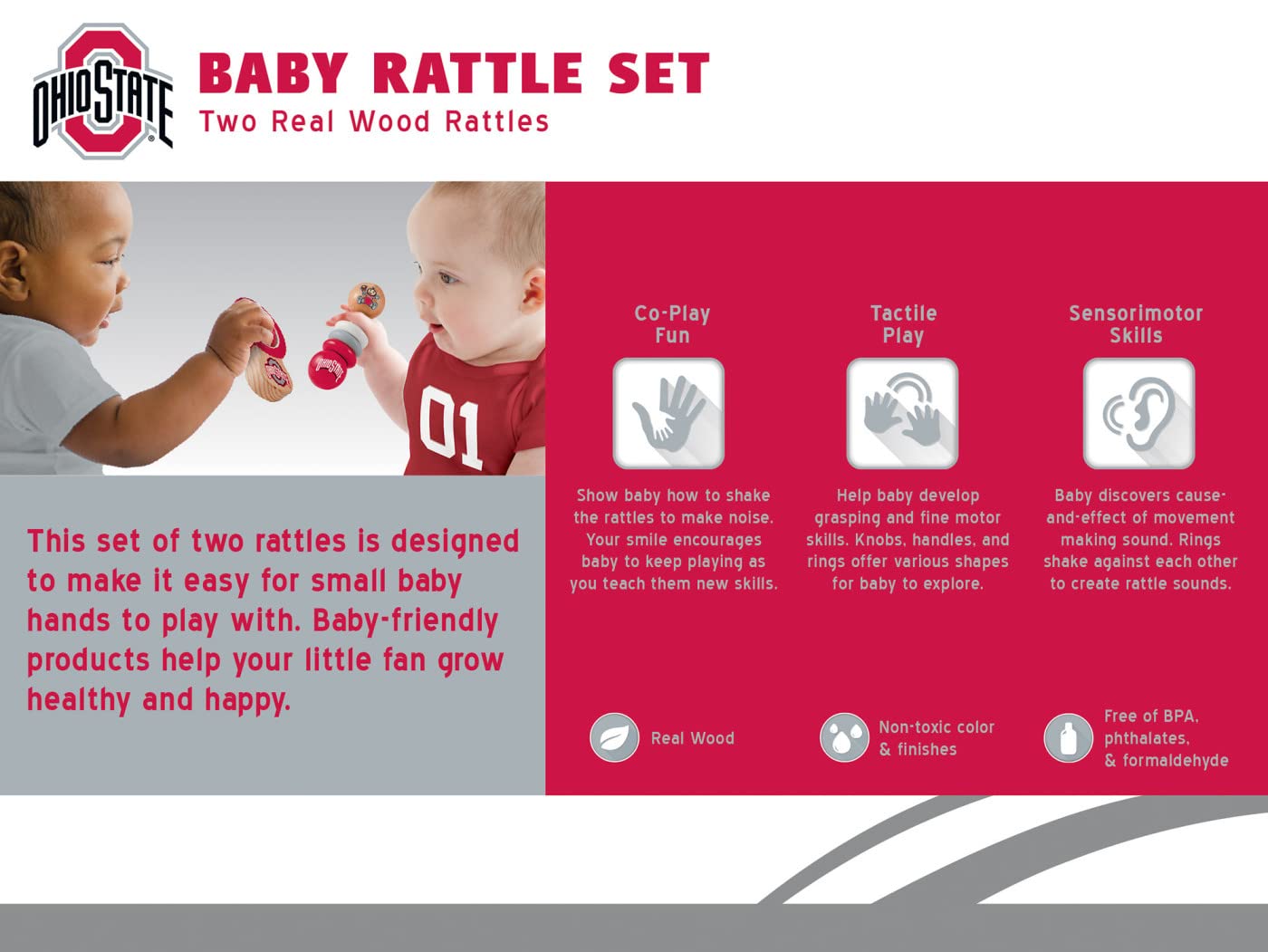 MasterPieces NCAA Ohio State Buckeyes, Natural Wood, Non-Toxic, BPA, Phthalates, & Formaldehyde Free, Baby Rattle, 2 Pack