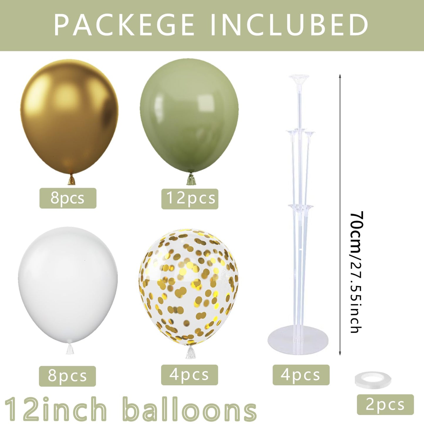 Balloon Centerpieces for Table, 28 Pcs Sage Green White Gold Confetti latex balloons with 4 Set 28 Balloon Stands for Table for