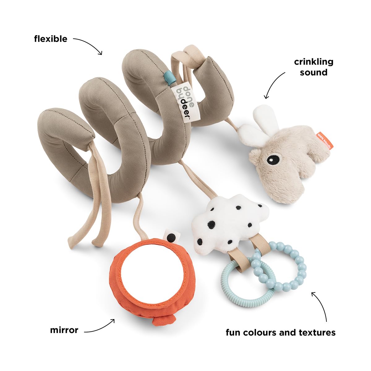 Done By Deer Happy Clouds Sand Activity Spiral - Soft Baby Toy With Crinkle Sound, Mirror, And Tactile Elements For Cots, Car Se